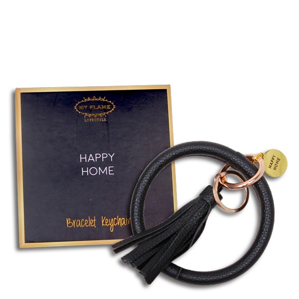 Vegan leren pols sleutelhanger in luxe giftbox Zwart - Happy Home